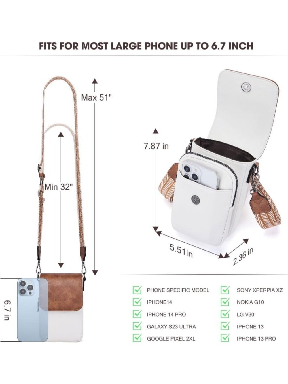 POIUGOYA Women's Beige Brown Leather Triple Compartment Cell Phone Crossbody Bag - Picture 6 of 6